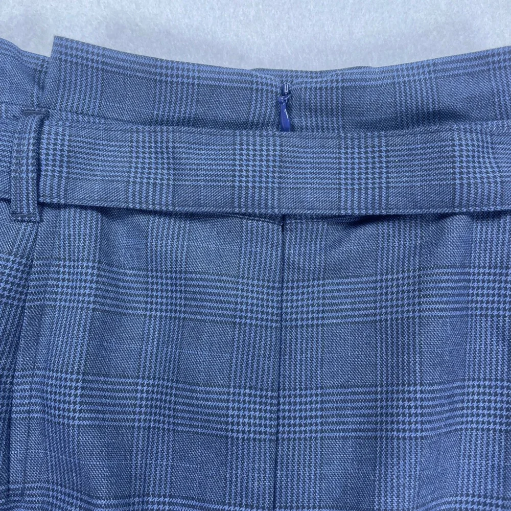 Blue Glen Plaid Paper Bag Waist Pencil Skirt with Belted Tie and Back Vent